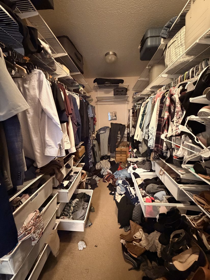 The closet before — overwhelmed and overflowing