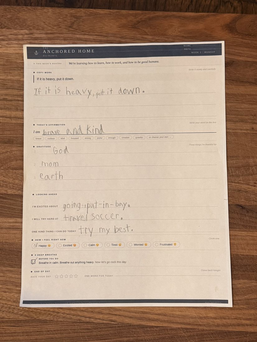 A child's completed Morning Mindset page